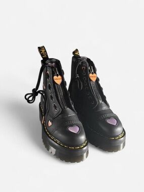 Dr. Martens Black Platform Heart Zip Lace-Up Boots with Pink Accents